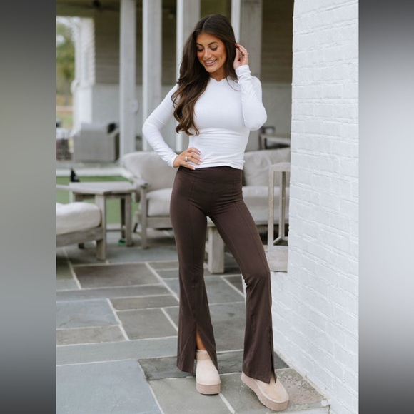 These Three Pants - These Three Butter Soft High Waist Flare Leggings w front slits - Espresso